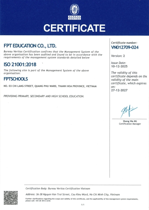 Trường Tiểu học, THCS & THPT FPT Thanh Hoá chính thức đạt chứng chỉ ISO 21001:2018